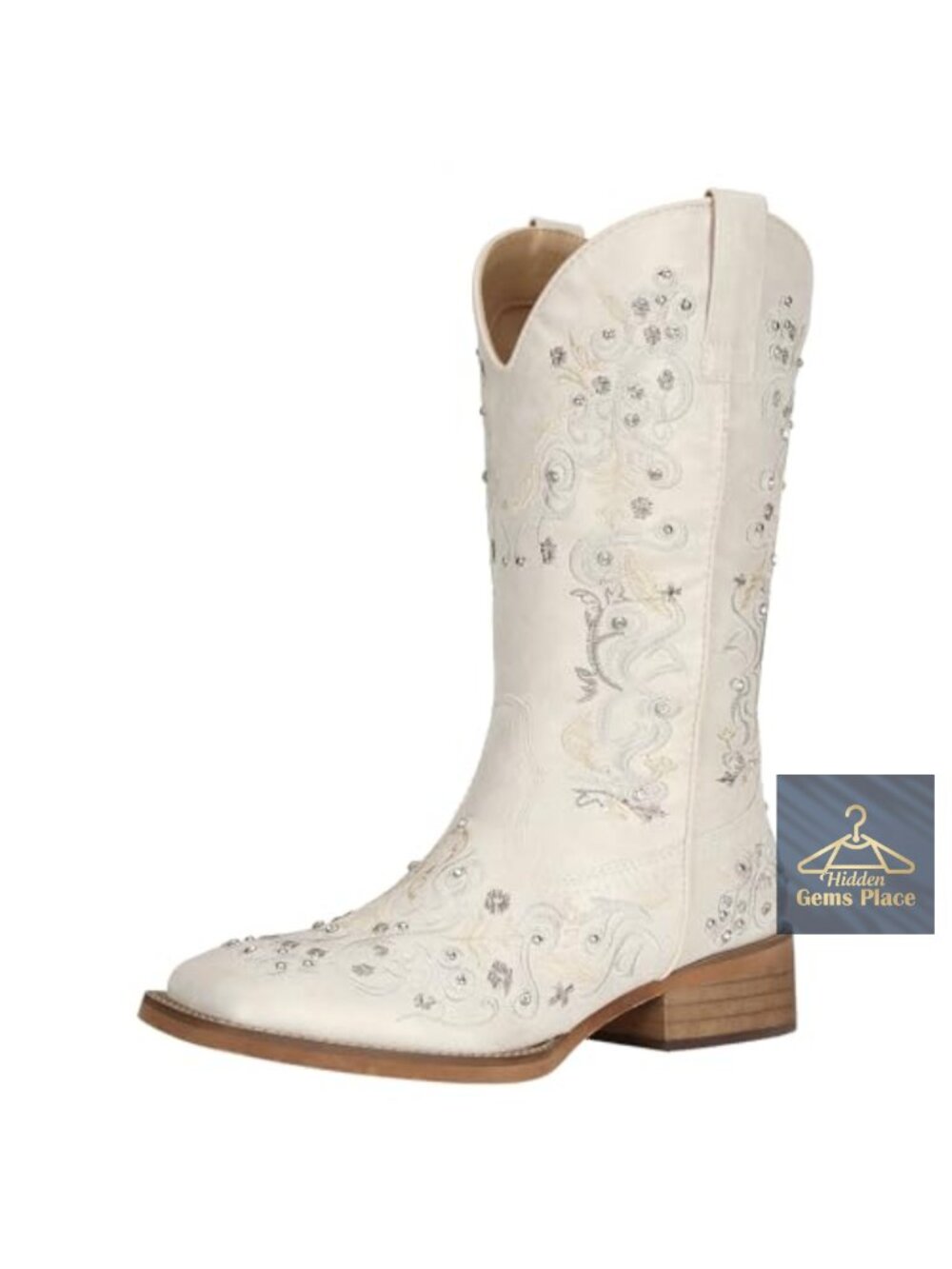 Rhinestone Cowgirl Boots Square Toe Mid Calf Western Boots Faux Leather